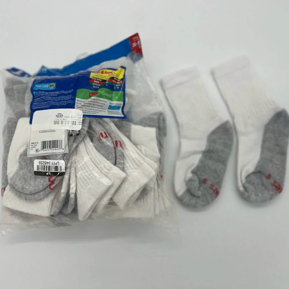 HANES BOY'S CREW SOCKS WHITE 10 PACK SHOE SIZE 4.5-8.5